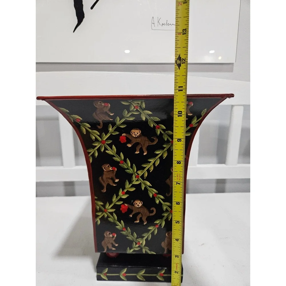 Vintage Toleware Vase or Cachepot Feat. Handpainted Monkeys & Vines